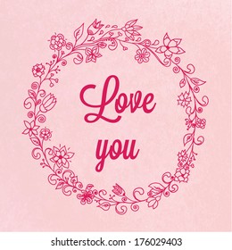 Vector valentines day card with pink background. Happy Valentine's Day card with lettering. Stylish floral romantic invitation card in vector. Vintage frame with flowers and hearts. Wedding card.