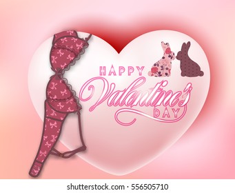 Vector Valentine's day card: pink heart and brassiere upon it with lettering and two kissing bunnies