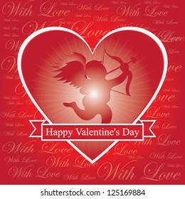 Vector : Valentine's Day Card Present By Heart With Cupid Inside in Red With Love Background