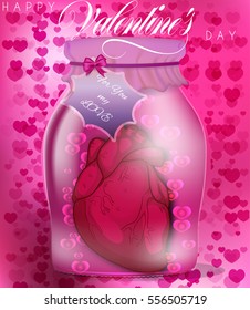 Vector Valentine's day card: realistic heart inside glass jar with tag "For you my Love" on background of many red hearts