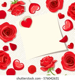 Vector Valentine's day card with red roses, petals and hearts.