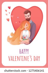 Vector Valentine's Day Card. Romantic gift card. Cartoon style illustration. Sweet couple hugs. Love for Valentines day. Young joyful couple. Sweet couple hugs. Love day. Red heart flower. Romance.