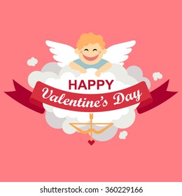 Vector Valentine's day card. Smiling cupid on the cloud on the pink background.Ribbon with lettering.