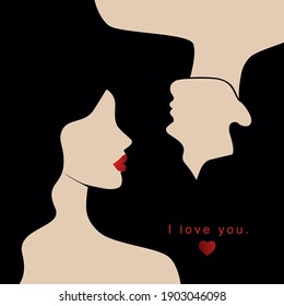 Vector valentine's day card, story or poster, abstract man and female shapes and silhouette. Contemporary art. Abstract couple in love. Postcard with inscriptions - i love you