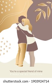 Vector valentine's day card, story or poster, abstract couple shapes and silhouette in gold colour. Contemporary art. Postcard with inscriptions - you a special friend of mine, be my Valentine