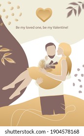 Vector valentine's day card, story or poster, abstract man and female shapes and silhouette in gold colour. Contemporary art. Abstract couple in love. Postcard with inscriptions - Be my Valentine