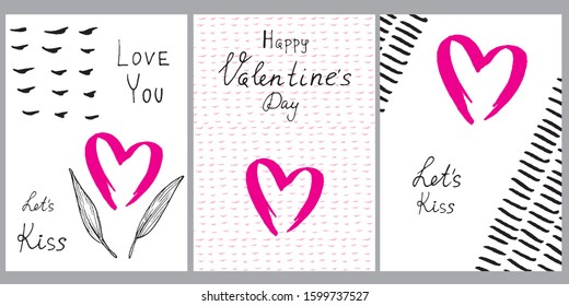 Vector Valentine's Day card templates with hearts in the form of a brush stroke and calligraphic themed inscriptions.