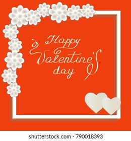 vector of Valentines day card with white flowers,frame .couple of hearts and inscription Happy Valentine`s day
