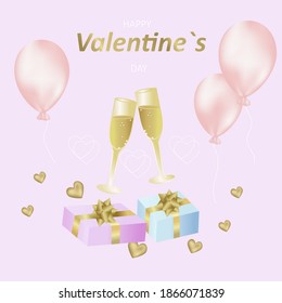 Vector of Valentine`s day card,banner with balloons,gift boxes,hearts and clinking glasses with champagne.Isolated elements