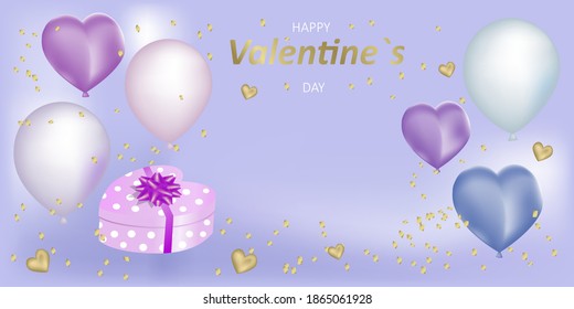 Vector of Valentine`s day card,banner with hearts,balloons,gold confetti and gift box.Empty space for text.Isolated elements for wedding,birthday design