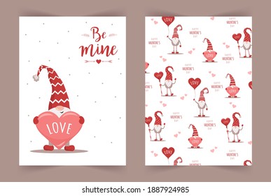 Vector Valentines day cards with gnomes. Be mine. Scandinavian cute elves in red winter hats on white background. Nordic illustration in flat style.