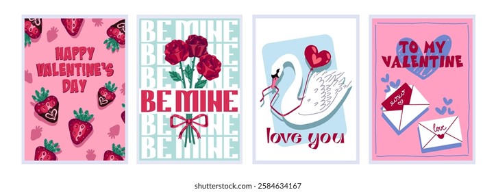 Vector Valentine's Day cards set. Greeting cards, posters with love symbols. Hearts, a flower bouquet, a heart balloon, chocolate strawberry candy, a swan, love letters