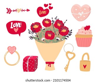 Vector Valentine's day cards templates. Hand drawn February 14 gift tags, labels or posters collection. bouquet, key, ring, gift, cake, arrow, flowers, castle, heart, gift