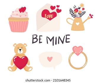 Vector Valentine's day cards templates. Hand drawn February 14 gift tags, collection. Funny Teddy Bear Cartoon with heart , envelope, cake, watering can, flowers ring