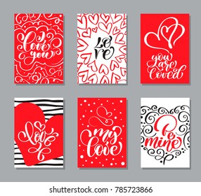 Vector Valentines day cards templates. Hand drawn February 14 gift tags, labels or posters collection. Vintage love lettering background