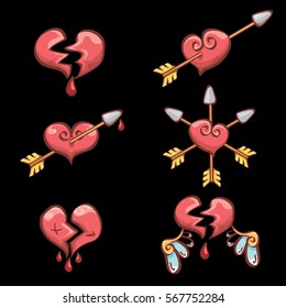 vector valentines day cartoon pink hearts collection isolated on black background.