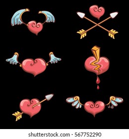 vector valentines day cartoon pink hearts collection isolated on black background.