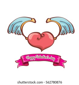 vector valentines day cartoon tattoo style pink heart with angel wings and old vintage ribbon isolated on white background.