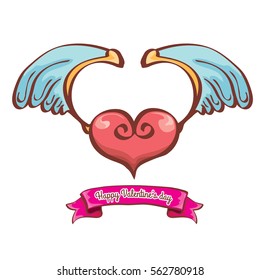 vector valentines day cartoon tattoo style pink heart with angel wings and old vintage ribbon isolated on white background.