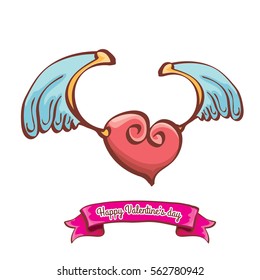 vector valentines day cartoon tattoo style pink heart with angel wings and old vintage ribbon isolated on white background.