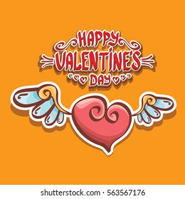 vector valentines day cartoon tattoo style heart label with angel wings and cartoon calligraphic text happy valentines day.