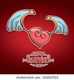 vector valentines day cartoon tattoo style heart label with angel wings and cartoon calligraphic text happy valentines day on red background