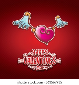 vector valentines day cartoon tattoo style heart label with angel wings and cartoon calligraphic text happy valentines day on red background