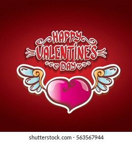 vector valentines day cartoon tattoo style heart label with angel wings and cartoon calligraphic text happy valentines day on red background