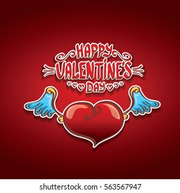 vector valentines day cartoon tattoo style heart label with angel wings and cartoon calligraphic text happy valentines day on red background