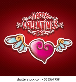 vector valentines day cartoon tattoo style heart label with angel wings and cartoon calligraphic text happy valentines day on red background