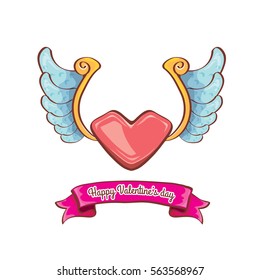 vector valentines day cartoon tattoo style pink heart label with angel wings and old vintage ribbon isolated on white background.
