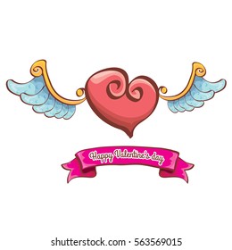 vector valentines day cartoon tattoo style pink heart label with angel wings and old vintage ribbon isolated on white background.