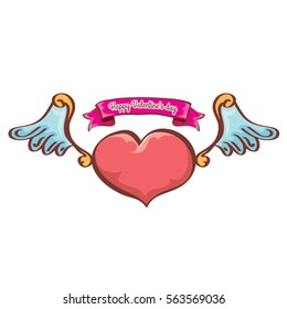 vector valentines day cartoon tattoo style pink heart label with angel wings and old vintage ribbon isolated on white background.