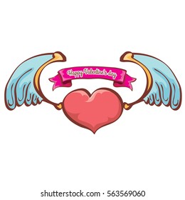 vector valentines day cartoon tattoo style pink heart label with angel wings and old vintage ribbon isolated on white background.