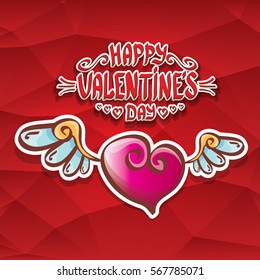 vector valentines day cartoon tattoo style heart label with angel wings and cartoon calligraphic text happy valentines day on red background