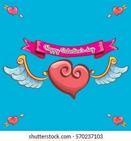 vector valentines day cartoon tattoo style heart label with angel wings and cartoon vintage pink ribbon on blue background