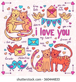 Vector Valentine's day colorful doodles set with cute cartoon cats and birds 