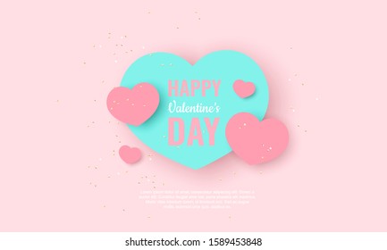 Vector Valentine's day congratulatory banner with pink and turquoise hearts, confetti, pink and white text isolated on pink background or design for cards. All phrases by Sil Open Font License.