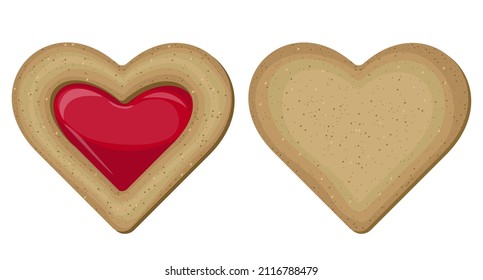 Vector valentine's day cookies with red berry jam isolated on white background. Realistic heart shaped cookies.