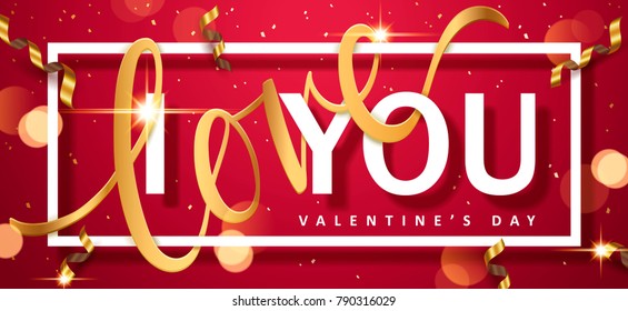 Vector Valentine's Day design with golden font type and ribbons.
