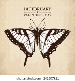Vector valentine's day design with ink hand drawn butterfly illustration. Vintage sketch for valentine's day card or invitation design.