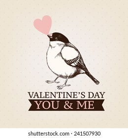 Vector valentine's day design with ink hand drawn bird illustration. Vintage sketch for valentine's day card or invitation design.