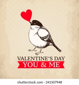 Vector valentine's day design with ink hand drawn bird illustration. Vintage sketch for valentine's day card or invitation design.