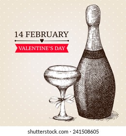 Vector valentine's day design with ink hand drawn champagne illustration. Vintage sketch for valentine's day card or invitation design.