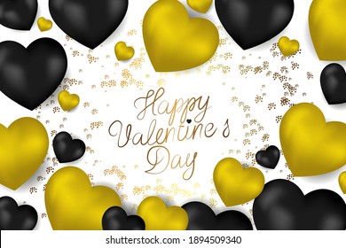 Vector. Valentine's Day design. Realistic 3d black and gold yellow gel balloons, golden serpentine. Handwritten text. Festive banner, web poster, flyer, stylish brochure, postcard, cover, background.
