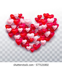 Vector valentines day different color hearts on transparent background decorative design element for greeting card