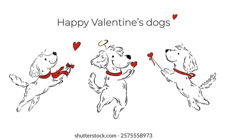 Vector Valentine's day dogs collection. Line art dogs with bows and hearts isolated on white background