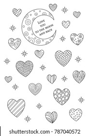 Vector Valentine`s Day doodle coloring book page hearts and moon with text "love you to the miin and back". Anti-stress for adults. 