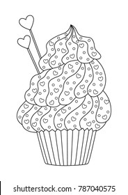 Vector Valentine`s Day doodle coloring book page swirl cupcake with hearts sprinkles and heart candies. Anti-stress for adults. 