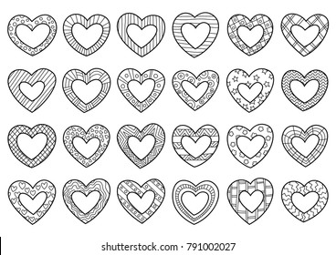 Vector Valentine`s Day doodle coloring book page various hearts with patterns set. Anti-stress for adults and children